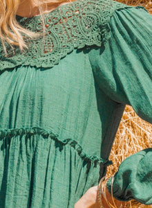 Hunter green linen crotchet accent long sleeve dress