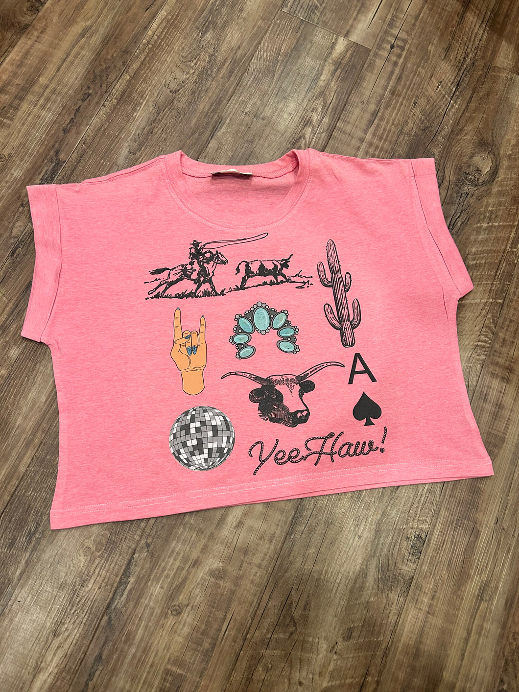 Baby pink disco & yeehaw western collage t-shirt