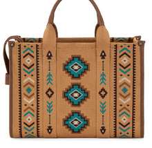 Load image into Gallery viewer, Brown &amp; teal large retro Aztec tote
