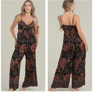 Black & rust floral jumpsuit with tie front