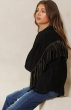 Load image into Gallery viewer, Black denim bling fringe jacket
