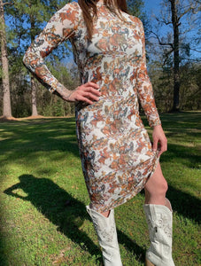 Wild horses cream & saddle brown mesh midi dress