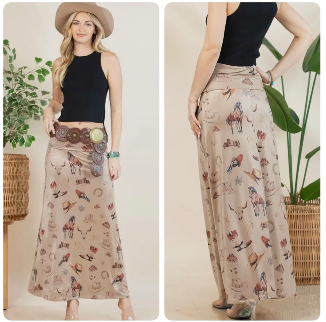 Mocha with multi western boots, horses & spurs maxi skirt