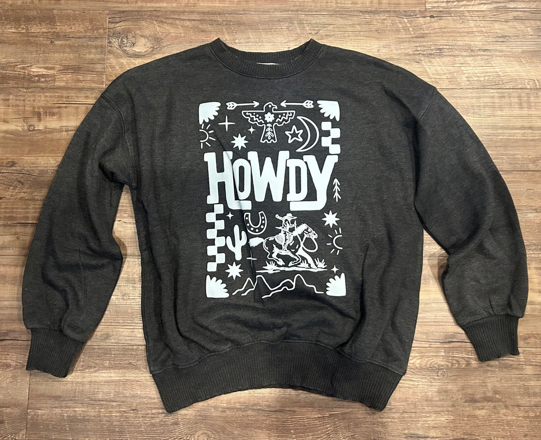 Black acid wash howdy thunderbird collage crewneck