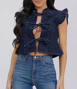 Dark denim vest with ruffle edge & triple bow accent