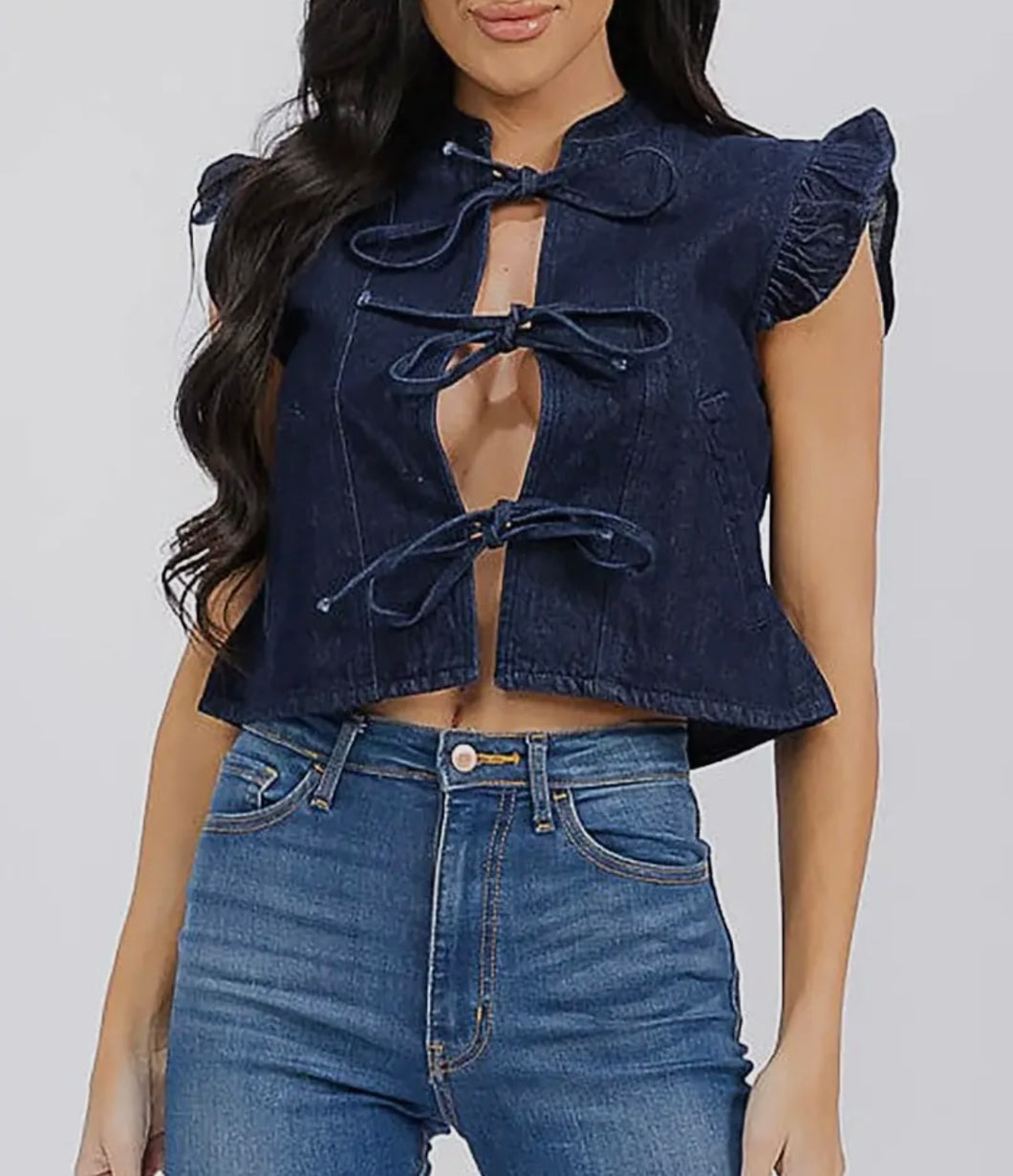 Dark denim vest with ruffle edge & triple bow accent