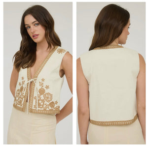 Cream Linen with Mocha embroidered vest