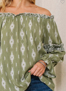 Olive green & ivory Aztec long sleeve top