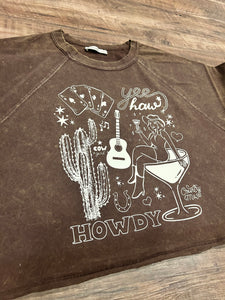 Chocolate brown acid wash pin up martini cowgirl collage western t-shirt