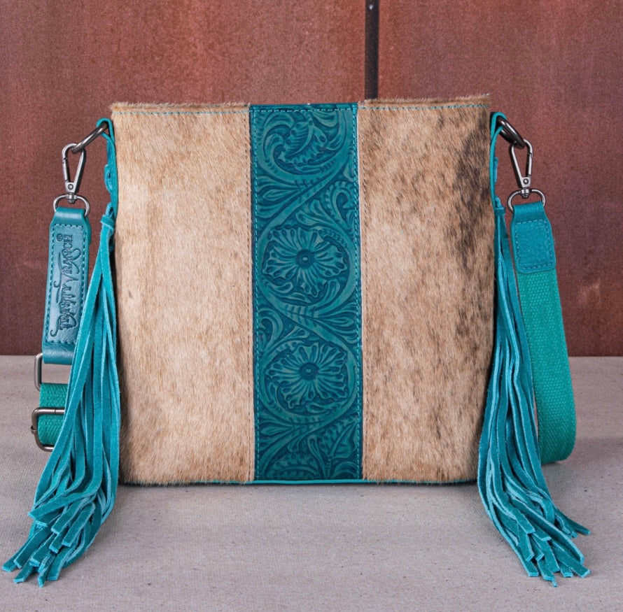Teal cowhide fringe crossbody Trinity Ranch