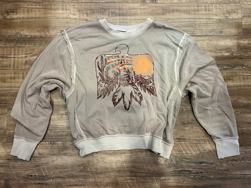 Ash mocha tattered edge acid wash roam free thunderbird crewneck