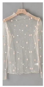 Ivory embroidered floral mesh long sleeve top