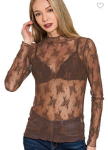 Load image into Gallery viewer, Chocolate brown lace floral mesh top
