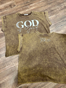 Mahogany Brown acid wash “God is good all the time” t-shirt