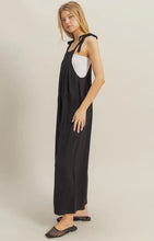 Load image into Gallery viewer, Black Linen overalls with bow tie strap
