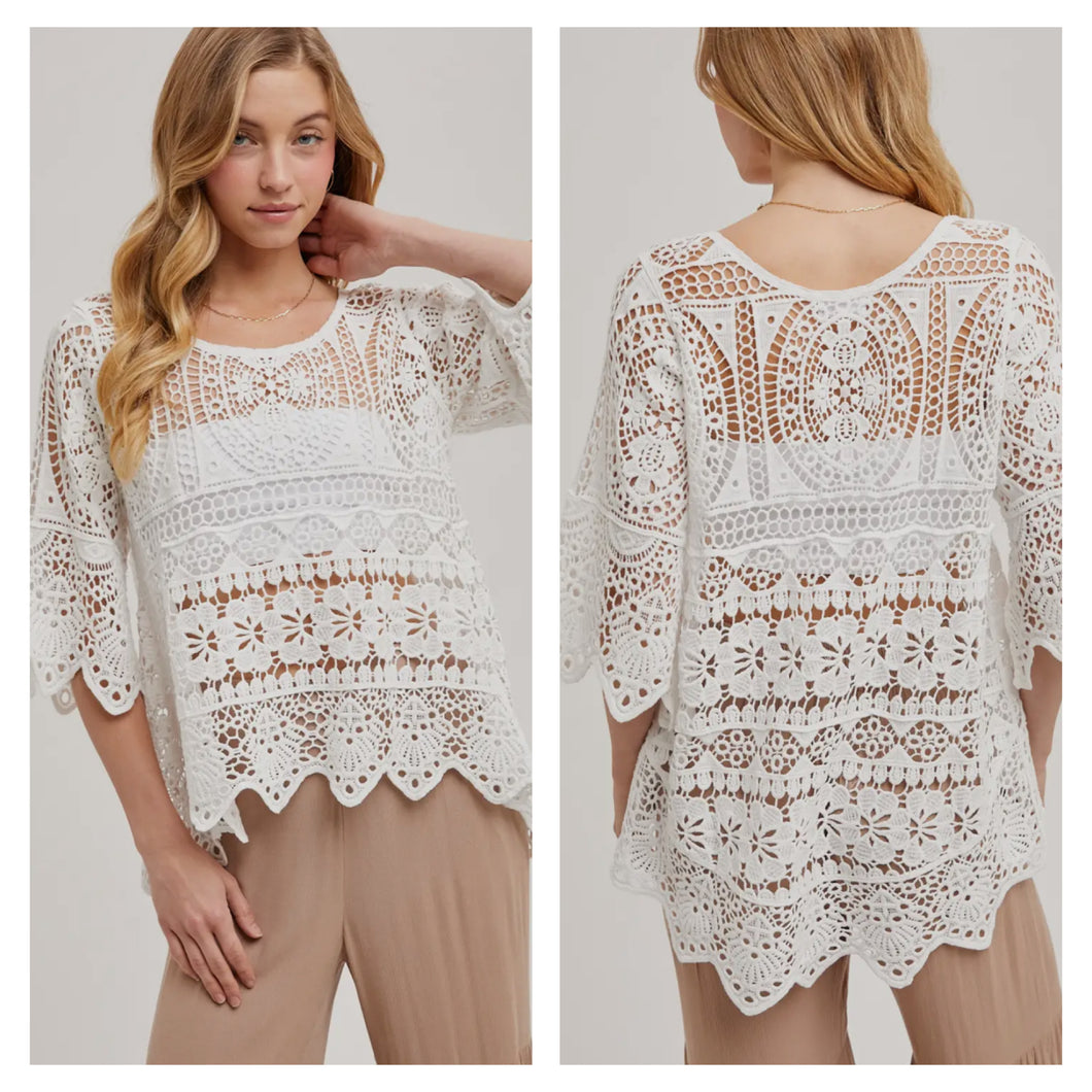Ivory 3/4 sleeve crotchet hi-low top