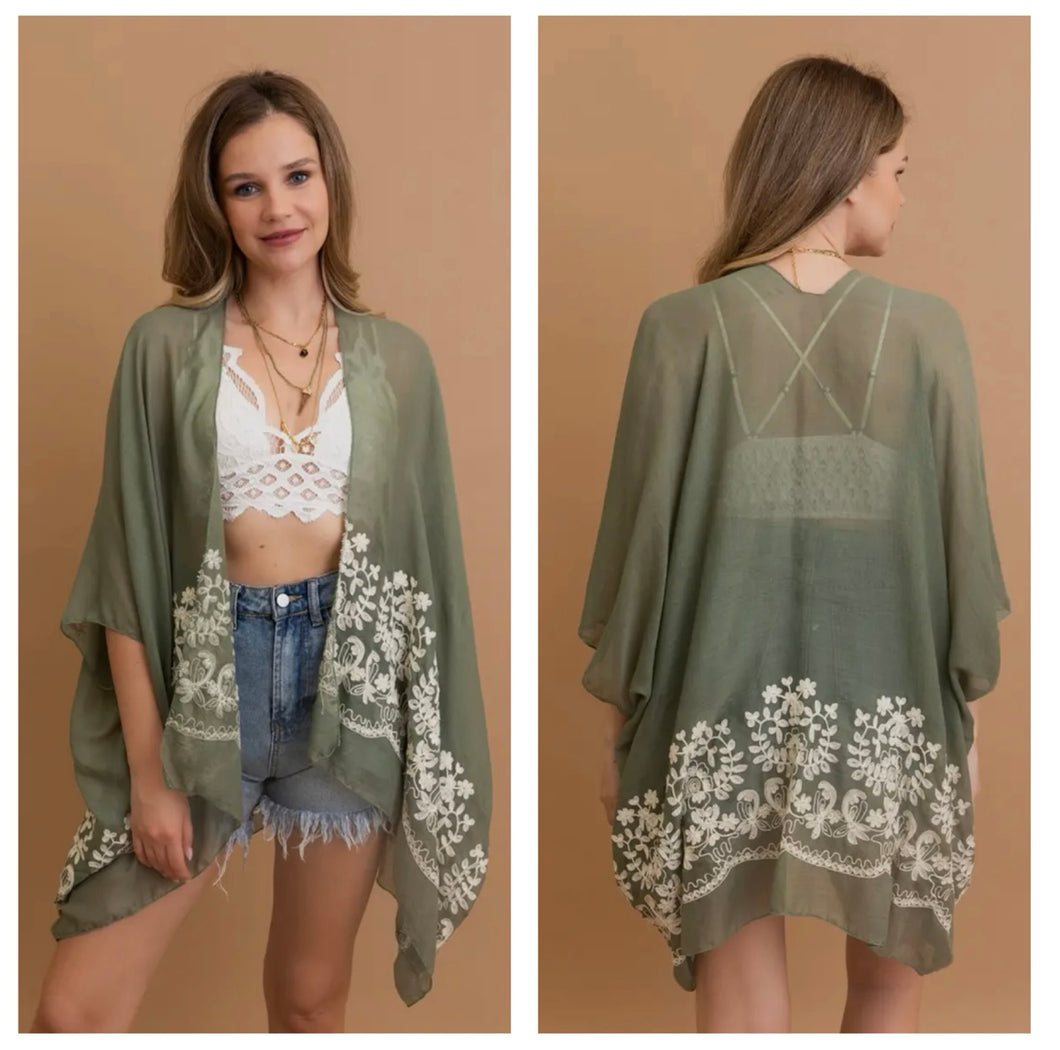 Sage green kimono with cream crotchet
