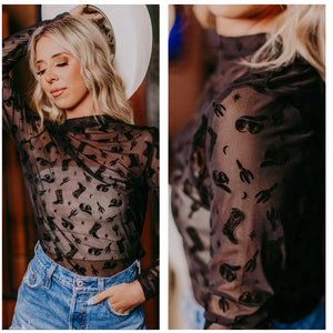 Black on black boot mesh long sleeve top