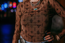Load image into Gallery viewer, Brown with black Aztec &amp; steer head mesh long sleeve top
