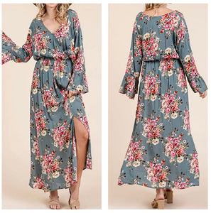 Ash jade and multi floral long sleeve dress