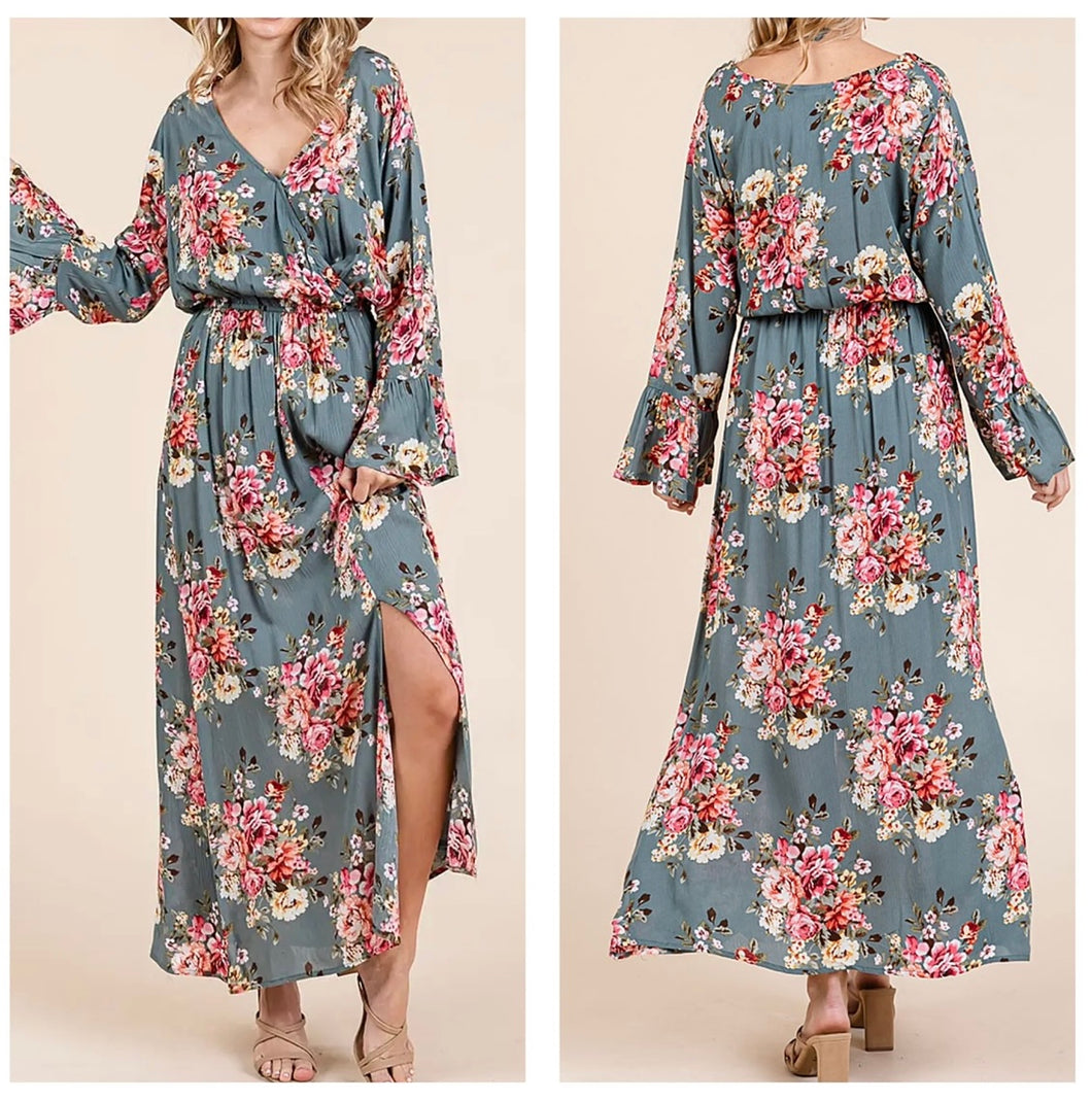 Ash jade and multi floral long sleeve dress