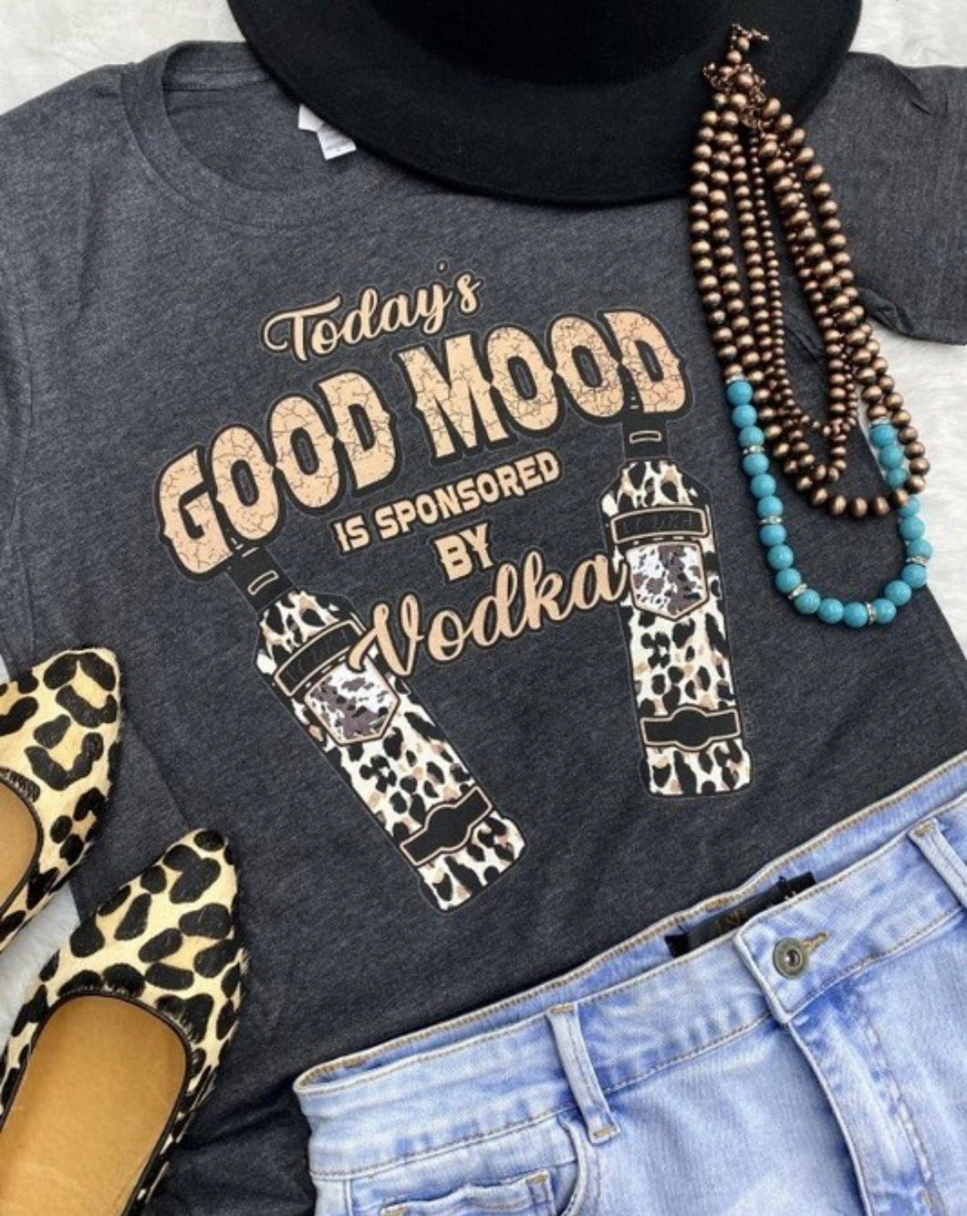 Charcoal & cheetah good mood is sponsored by vodka t-shirt