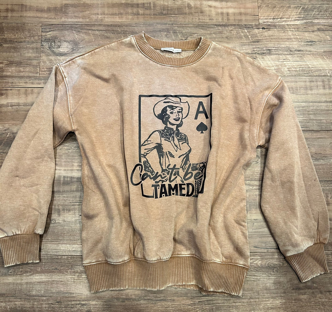 Saddle brown “Can’t be tamed”acid wash crewneck