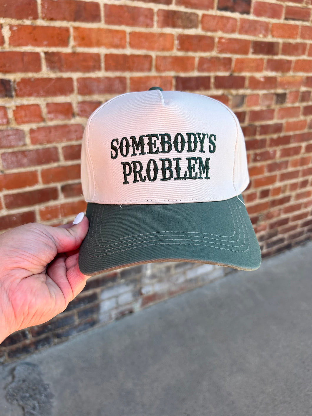 Ivory & Olive Green Somebody’s Problem embroidered hat
