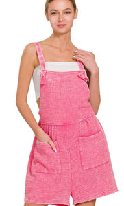 Hot pink acid wash short overalls