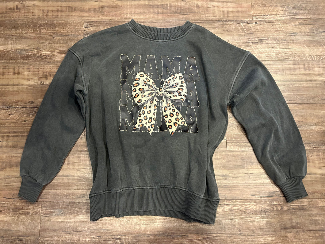 Charcoal acid wash cheetah bow mama Crewneck