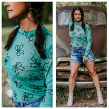 Load image into Gallery viewer, Teal with black velvet bow long sleeve top
