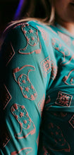 Load image into Gallery viewer, Teal with pink velvet boot &amp; Aztec mesh top
