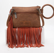 Load image into Gallery viewer, Saddle brown multi rust fringe wristlet with long strap Montana west
