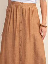Load image into Gallery viewer, Saddle brown linen flowy maxi skirt with button accent
