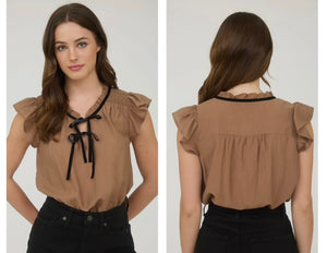 Mocha with black bow short sleeve top