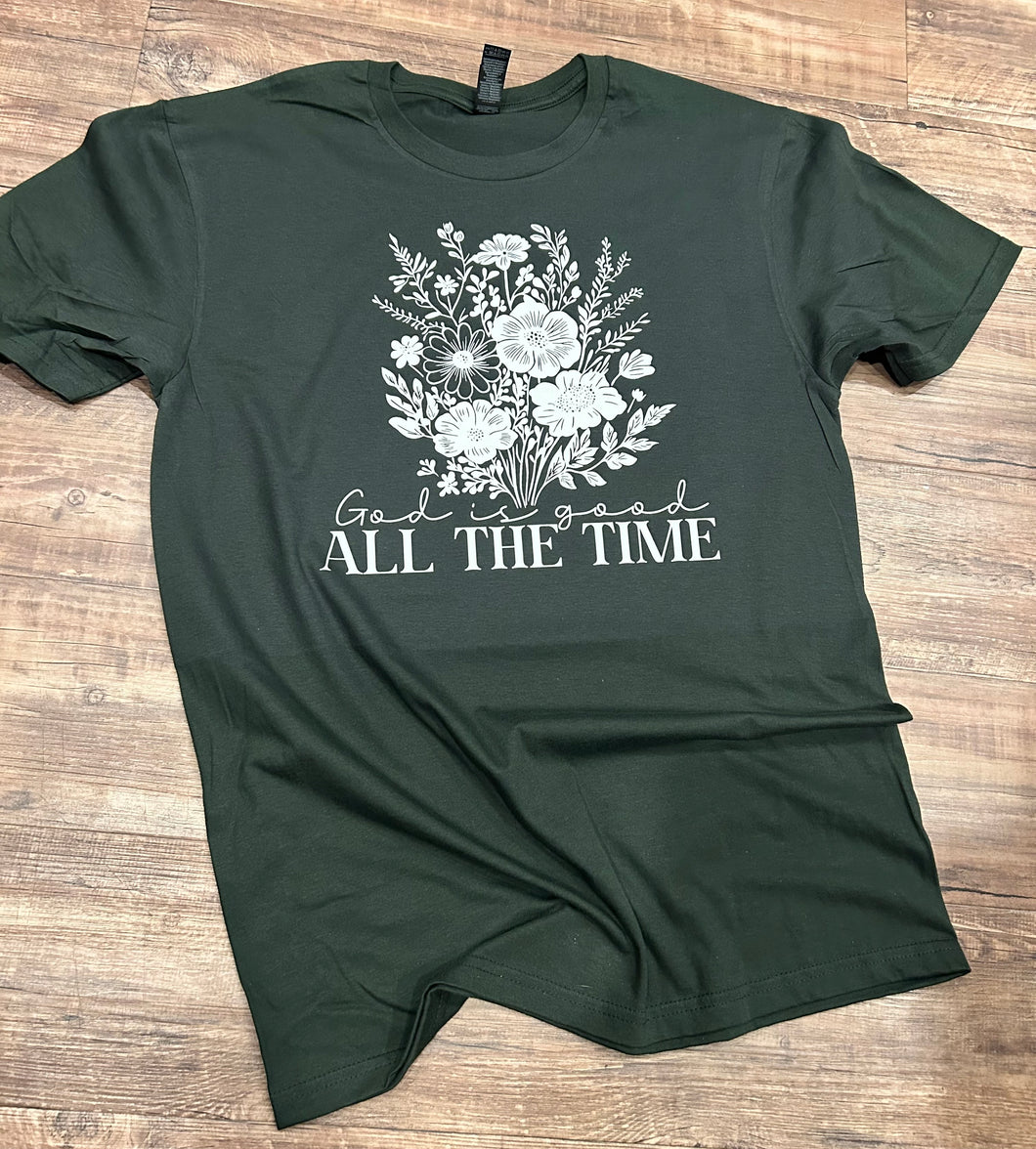 Dark hunter green & cream floral “god is good all the time” t-shirt