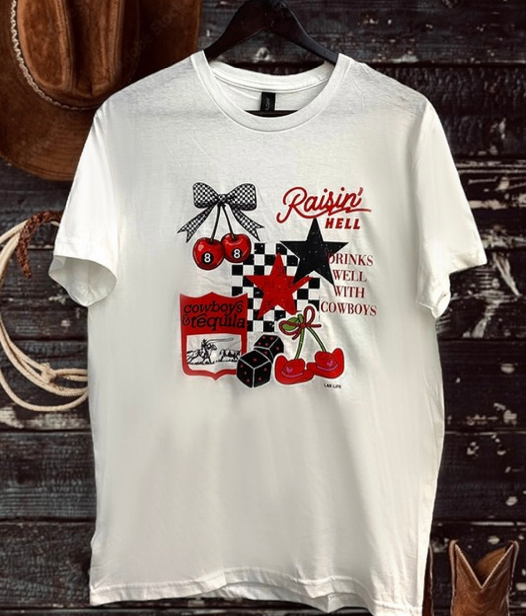 Ivory with cherries & checkered western collage t-shirt