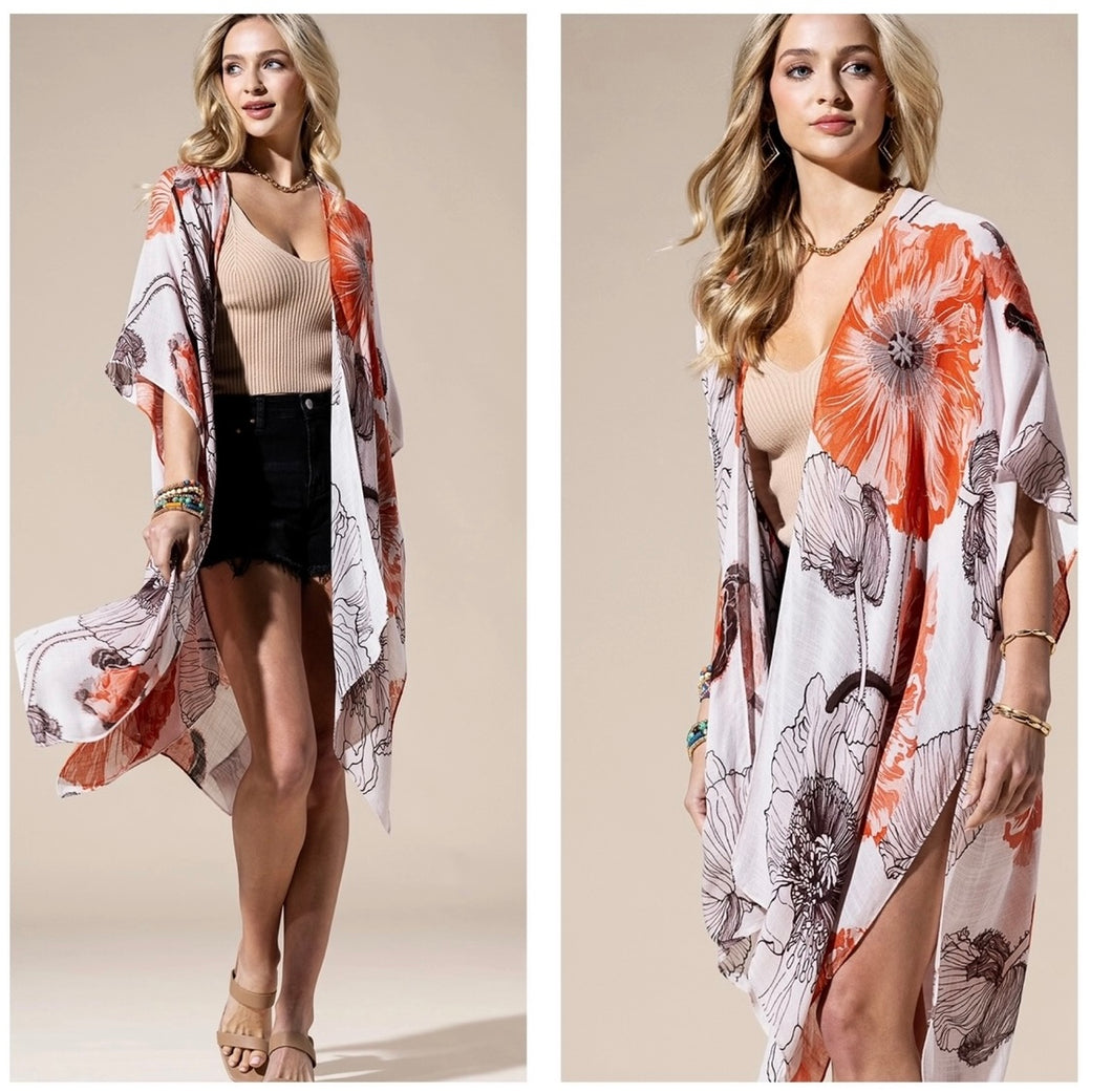 Coral floral kimono
