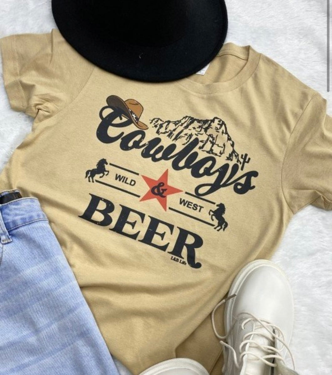 Light mustard cowboys & beer mountain t-shirt
