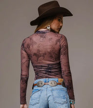 Load image into Gallery viewer, Brown &amp; Navy Cowboy pattern mesh top
