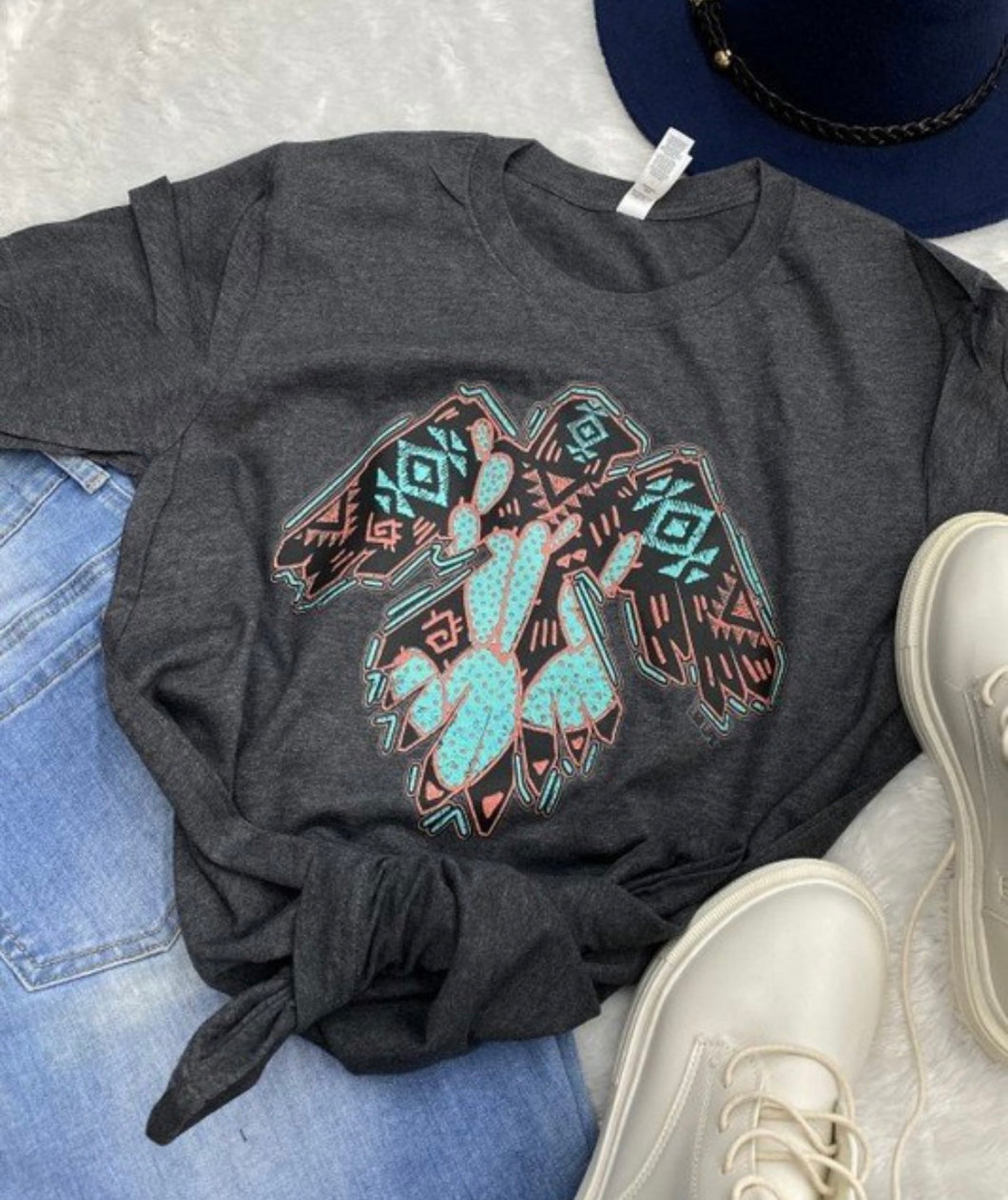 Charcoal with teal & red Aztec thunderbird t-shirt