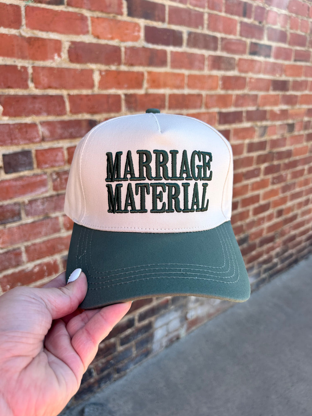 Ivory & Olive Green Marriage Material embroidered hat