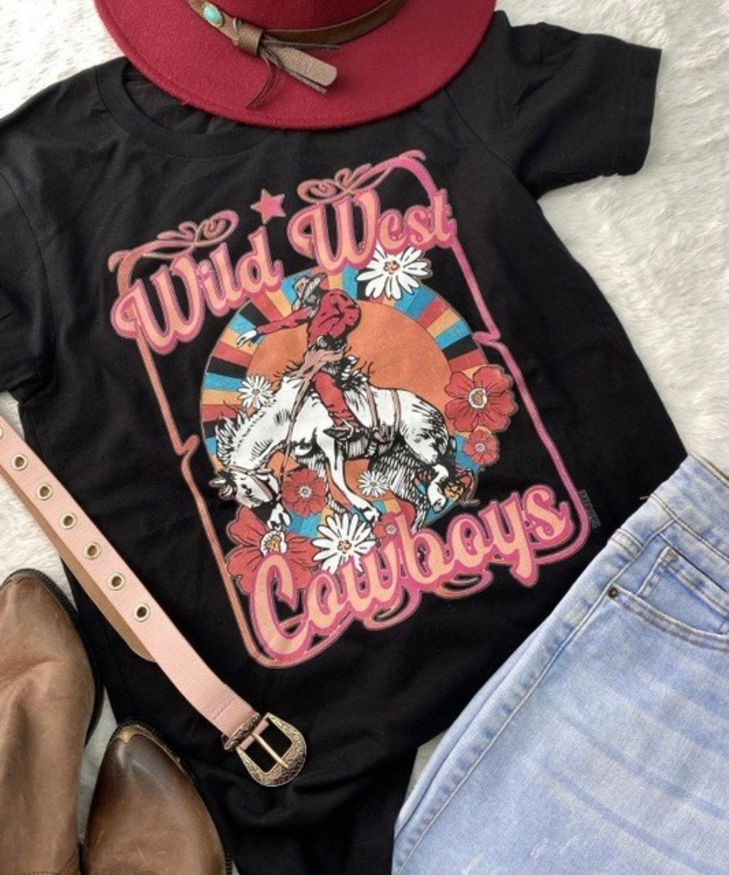 Black with pink multi Wild West cowboys stripe t-shirt