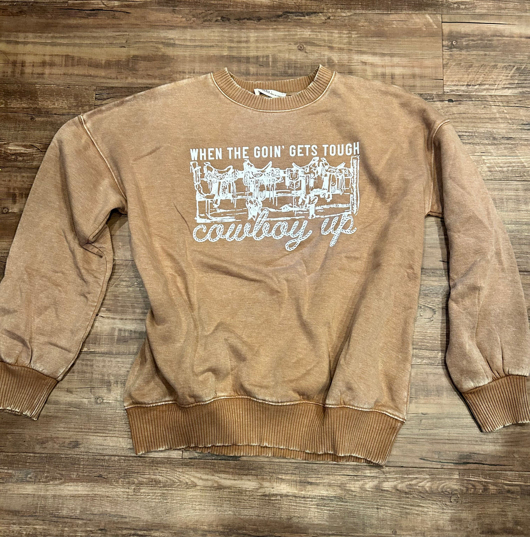 Saddle brown acid wash “cowboy up” crewneck