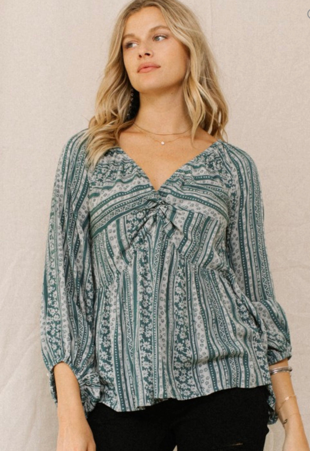 Hunter Green & Cream floral long sleeve top