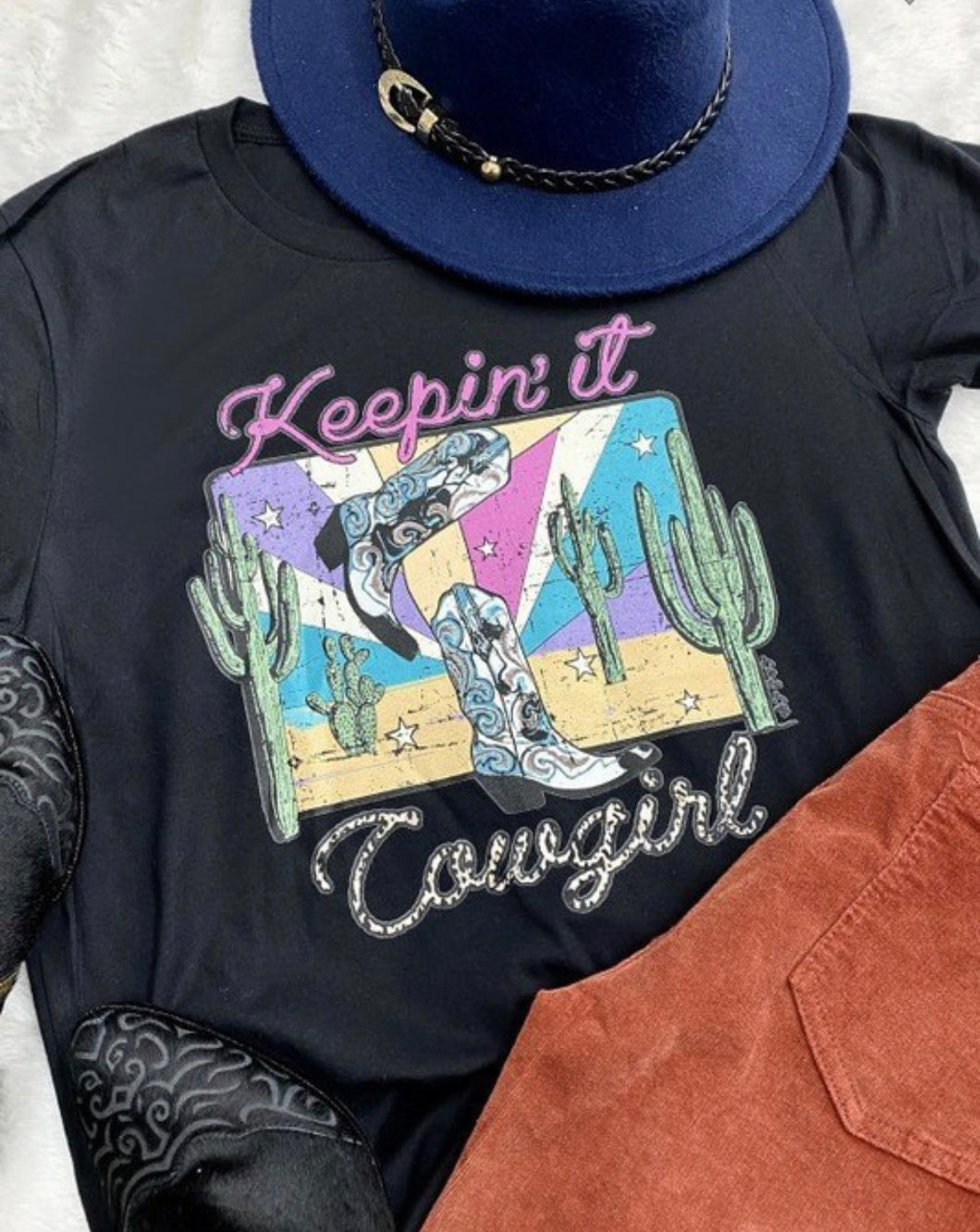 Black with purple & teal keepin it cowgirl western t-shirt