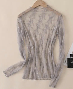 Grey floral lace mesh long sleeve top
