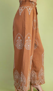 Saddle Brown & mocha embroidered medallion palazzo pants