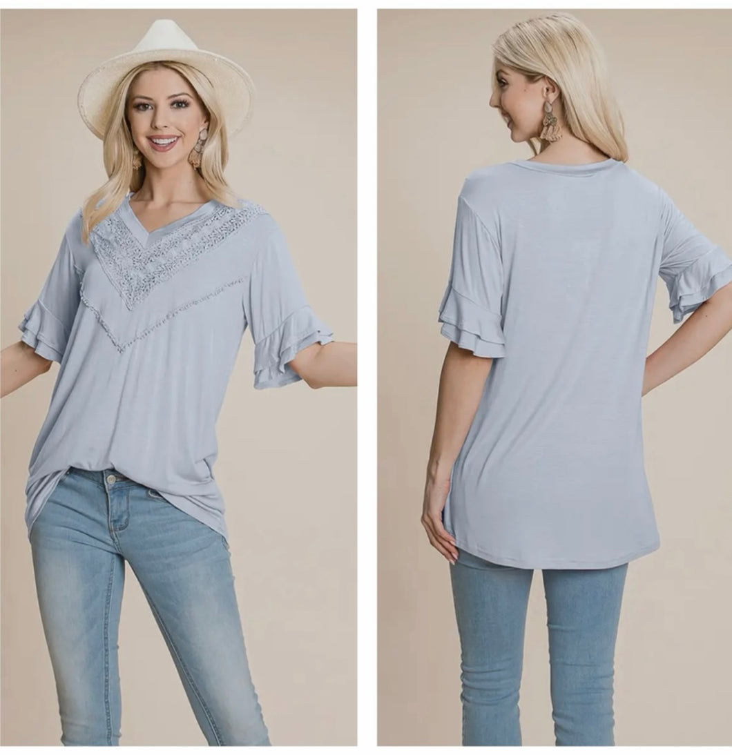 Sage green short sleeve with crotchet