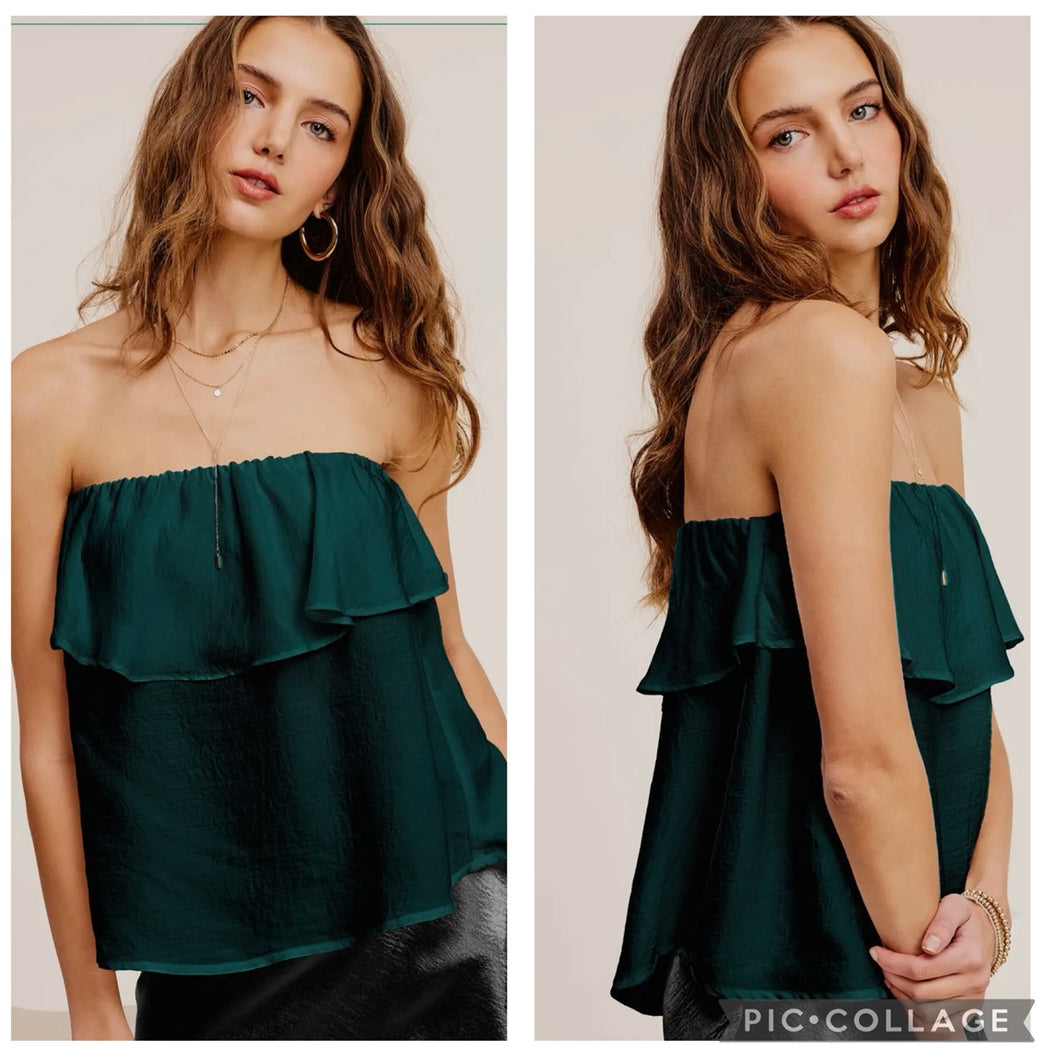 Hunter Green Ruffle satin strapless top